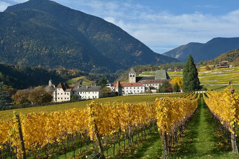 L'Abbazia di Novacella vista da sud, tra i vigneti presso Bressanone